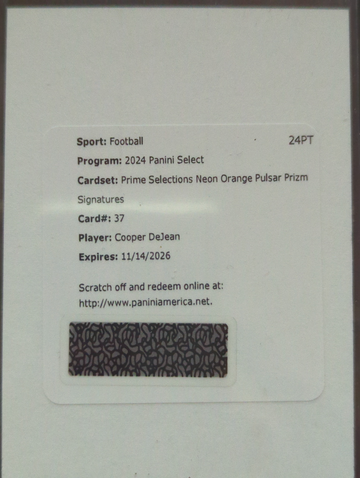 2024 Select Cooper DeJean Prime Selections Neon Orange Pulsar /35