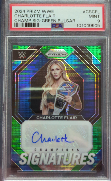 2024 WWE Prizm Charlotte Flair Green Pulsar Auto /10