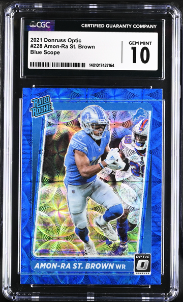 2021 Donruss Optic #228 Amon-Ra St Brown Blue Scope Prizm Rookie RC Graded CGC 10 Gem Mint