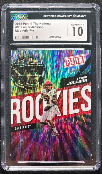 2018 The National Lamar Jackson 85 Magnetic Fur SP /99 Rookie RC Gem Mint CGC 10