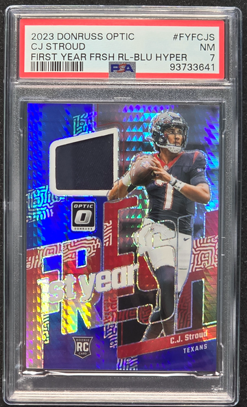 2023 Donruss Optic 1st Year CJ Stroud Blue Hyper Prizm Rookie RC Patch PSA 7 NM 