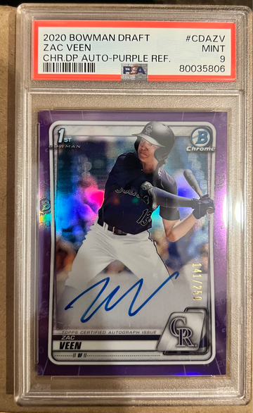 2020 Zac Veen PSA 9 Bowman Chrome Draft Auto purple /250