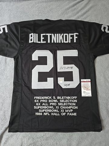FRED BILETNIKOFF AUTOGRAPHED CUSTOM STAT JERSEY (RAIDERS) W/ PROOF! - JSA COA