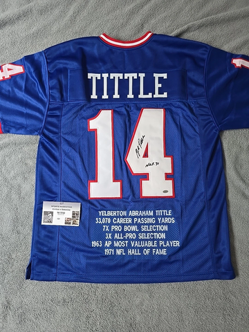 YA TITTLE AUTOGRAPHED SIGNED N.Y. GIANTS STAT JERSEY HOF 71 COA RARE