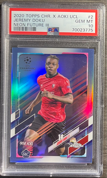 Jeremy Doku 2020 Topps Chrome UCL x Aoki Neon Future III BLUE REFRACTOR /75 RC - PSA 10