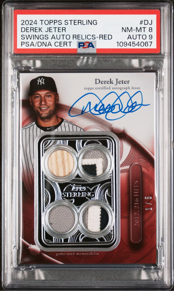2024 TOPPS STERLING DEREK JETER SWINGS AUTO RELIC RED 1/5 PSA 8/PSA 9 AUTO