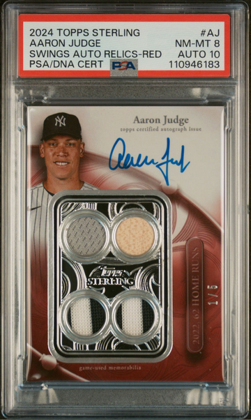 2024 TOPPS STERLING AARON JUDGE SWINGS AUTO RELIC RED PSA 8 AUTO 10