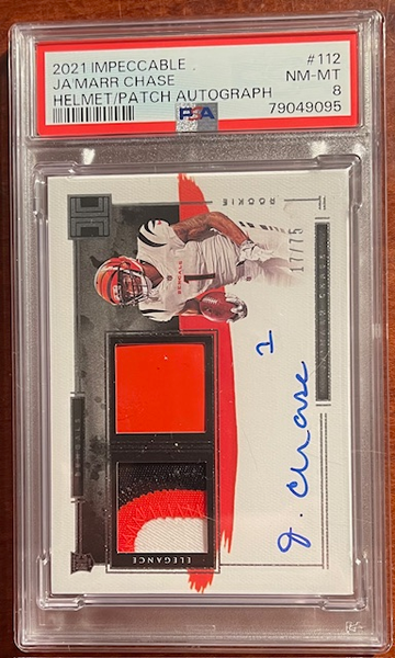 2021 PANINI IMPECCABLE JA'MARR CHASE RPA HELMET PATCH AUTO PSA 8