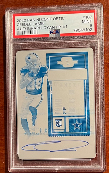 2020 PANINI CONTENDERS OPTIC CEE DEE LAMB AUTO CYAN PRINTING PLATE PSA 9