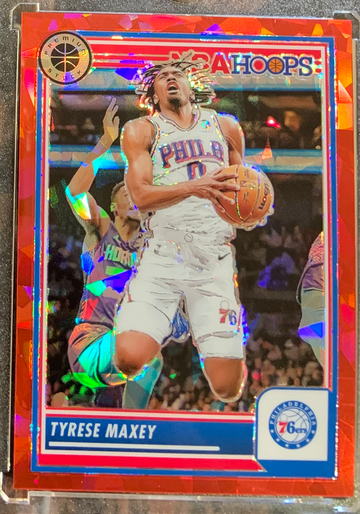 2023-24 Hoops Premium Stock Tyrese Maxey Red Cracked Ice #’d /99