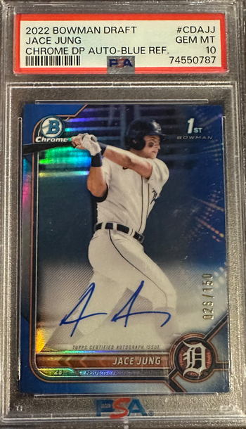 2022 BOWMAN DRAFT #CDAJJ JACE JUNG GEM MT CHROME DP AUTO Tru Blue Refractor PSA 10