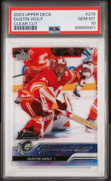 2023/24 Upper deck clear cut young gun Dustin Wolf Flames PSA 10