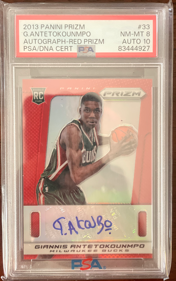 2013-14 PRIZM RED AUTO #/49 GIANNIS ANTETOKOUNMPO RC ROOKIE PSA 8