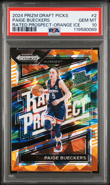 Paige Bueckers 2024 Panini Prizm Draft Picks Rated Prospect Orange Ice #2 PSA 10