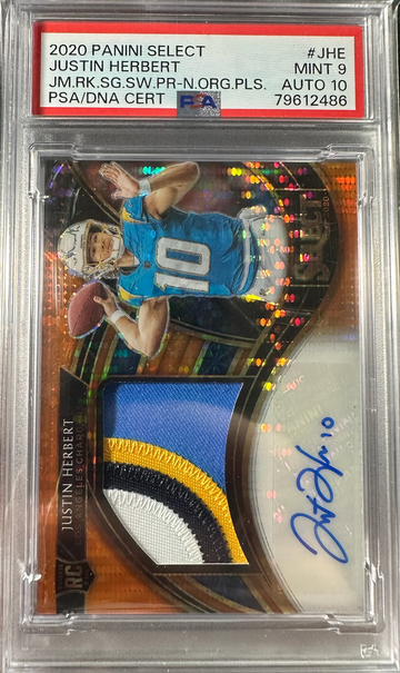2020 Panini Select Justin Herbert Jumbo Rookie Signature Neon Orange Pulsar PSA 9/10