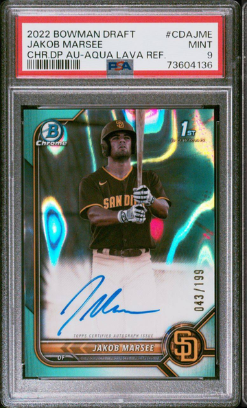🔥 JAKOB MARSEE 2022 Bowman Chrome Draft aqua REFRACTOR AUTO Padres #/199 PSA 9