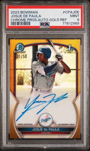 2023 bowman chrome 1st prospect Josue de Paula true gold  refractor auto autograph #01/50 1/1 PSA 9