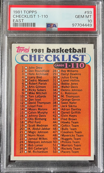 1981-82 Topps East Basketball #93 Checklist 1 - 110 PSA 10 GEM MINT