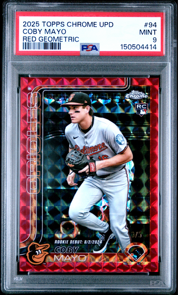Coby Mayo 2025 Topps Chrome Update Red Geometric Ref 3/5 PSA 9 Orioles Pop 1