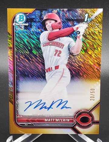 Matt McLain 2022 Bowman Chrome 1st Gold Shimmer Auto /50 Reds CPA-MM