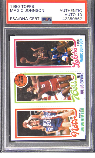 1980 Topps Magic Johnson Autographed Scoring Leader Kolff/Erving/Johnson PSA/DNA Auto 10