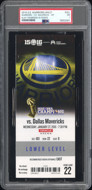 2016 Golden State Warriors Ticket vs Mavericks Klay Thompson 45 points