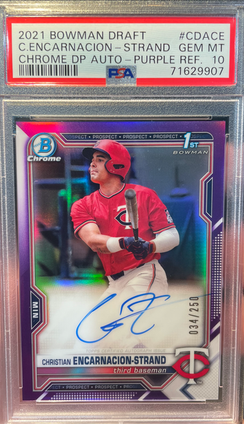 2021 BOWMAN CHROME DP PURPLE REFRACTORS CHRISTIAN ENCARNACION-STRAND AUTO RC /250 PSA 10 GEM!