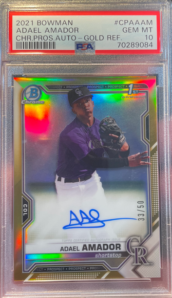 2021 BOWMAN CHROME PROSPECTS TRUE GOLD REFRACTORS ADAEL AMADOR AUTO RC /50 PSA 10 GEM POP 5!