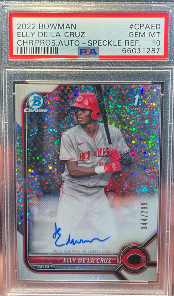 2022 BOWMAN CHROME PROSPECTS SPECKLE REFRACTORS ELLY DE LA CRUZ AUTO RC /299 PSA 10 GEM JERSEY #44/299!