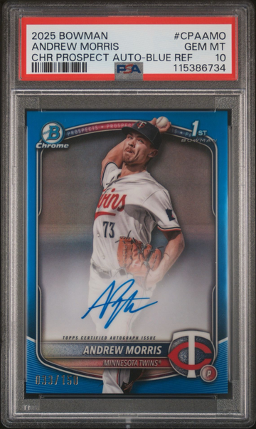 2025 Bowman Chrome Andrew Morris Blue Refractor Auto /150 PSA 10 GEM MINT 1st Bowman Twins