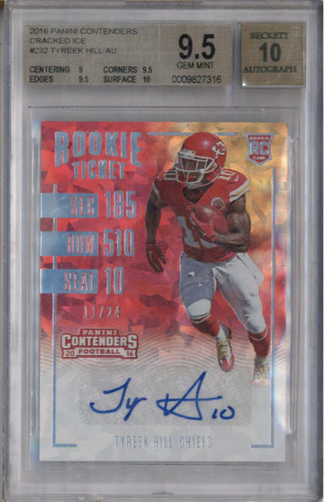 TYREEK HILL 2016 PANINI CONTENDERS RED CRACKED ICE (COLOR MATCH!) ROOKIE TICKET AUTO #11/24 - BGS 9.5 AUTO 10