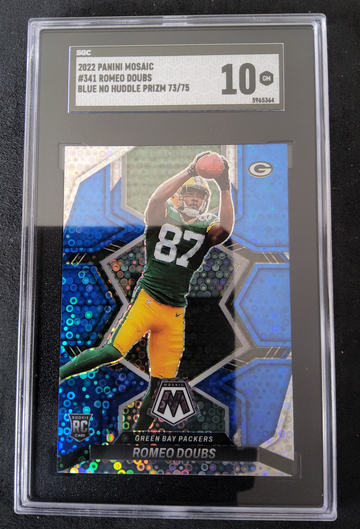 2022 Panini Mosaic #341 Romeo Doubs Blue No Huddle Prizm/75