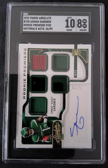 2022 Panini Absolute #228 Ahmad Gardner Rookie Premiere Five Materials Auto /100