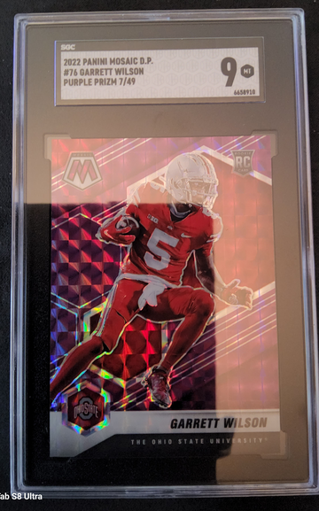 2022 Panini Mosaic DP #76 Garrett Wilson Purple Prizm 7/49 SGC 9
