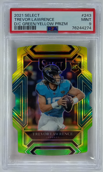 2021 Panini Select Trevor Lawrence Club Level Die-Cut Green Yellow Prizm RC #243 PSA 9