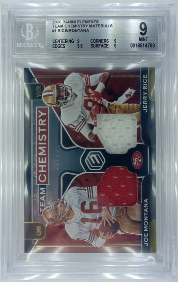 2020 PANINI ELEMENTS J. MONTANA/J. RICE TEAM CHEMISTRY MATERIALS /49 #1 BGS 9