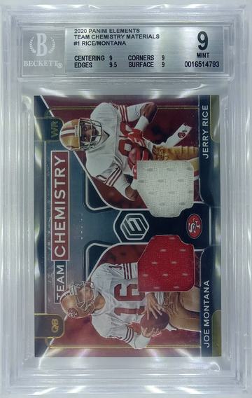2020 PANINI ELEMENTS J. MONTANA/J. RICE TEAM CHEMISTRY MATERIALS /49 #1 BGS 9