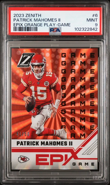 2023 PANINI ZENITH EPIX ORANGE PLAY 6 PATRICK MAHOMES II GAME /50 PSA 9