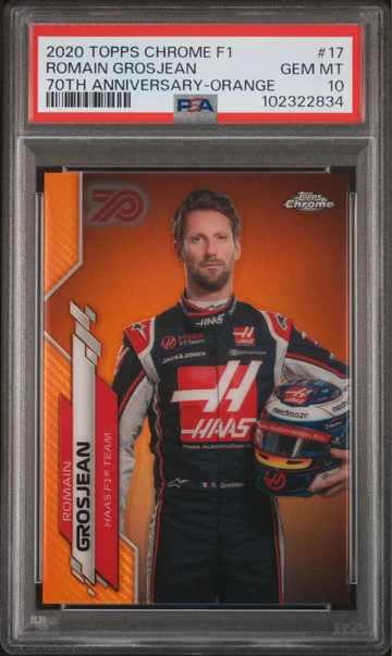 2020 TOPPS CHROME FORMULA 1 17 ROMAIN GROSJEAN 70TH ANNIVERSARY-ORANGE PSA 10
