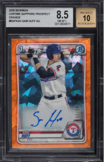 2020 BOWMAN CHROME SAPPHIRE ORANGE SAM HUFF ROOKIE AUTO /25 BGS 8.5 