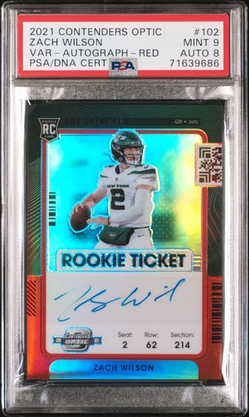 2021 PANINI CONTENDERS OPTIC ZACH WILSON ROOKIE TICKET VARIATION AUTO RED SP /50 #102 PSA 9