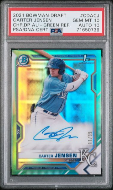 2021 TOPPS BOWMAN DRAFT 1ST ROOKIE CARTER JENSEN GREEN REFRACTOR SP /99 #CDACJ PSA 10 AUTO 10