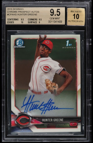 2018 BOWMAN CHROME PROSPECT HUNTER GREENE ROOKIE AUTO #CPAHG BGS 9.5 GEM MINT