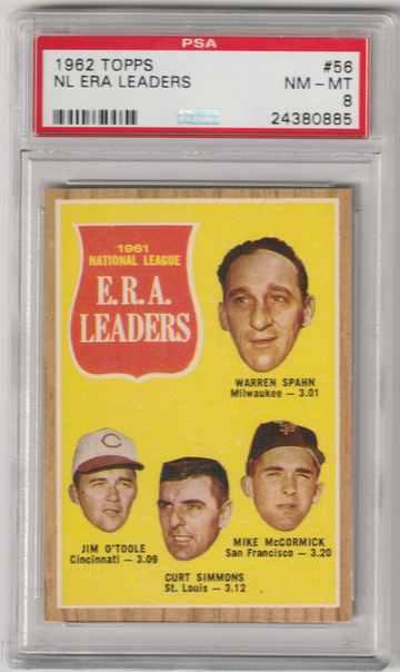 1962 Topps #56 National League Earned Run Average Leaders, PSA 8 (Near Mint-Mint)
