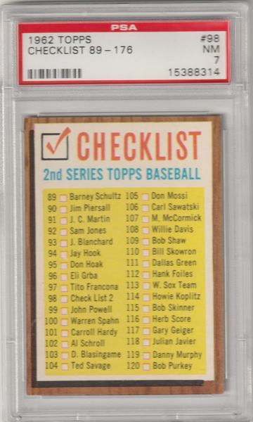 1962 Topps #98 Checklist 89-176, PSA 7 (Near Mint)
