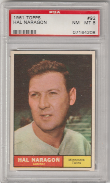 1961 Topps #92 Hal Naragon PSA 8 (Near Mint - Mint)