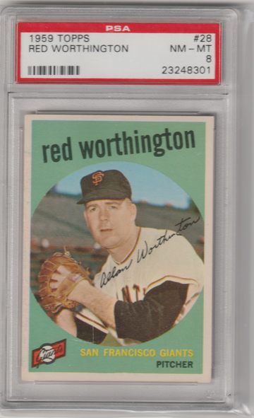 1959 Topps #28 Red Worthington PSA 8 (Near Mint-Mint)