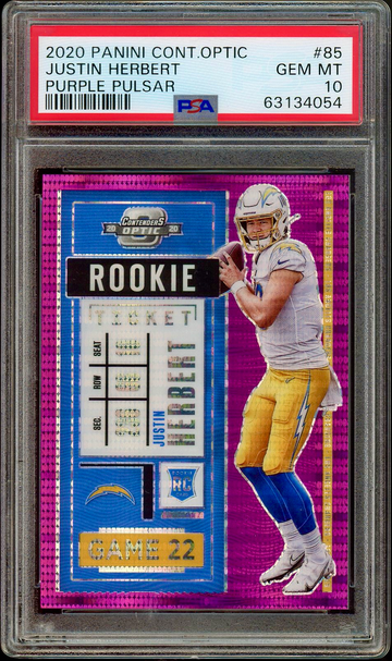 2020 PANINI CONTENDERS OPTIC JUSTIN HERBERT PURPLE PULSAR PSA 10