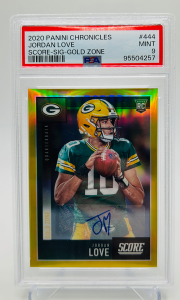 2020 Panini Chronicles Score Jordan Love Gold Zone Rookie Auto /50 PSA 9 Mint #444 RC
