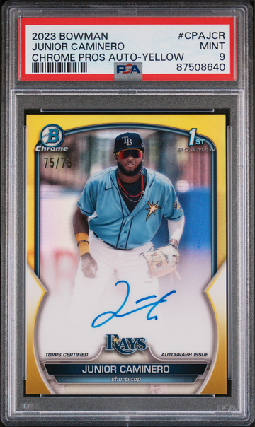 2023 Bowman Chrome Yellow Refractor Junior Caminero RC Rookie AUTO /75 PSA 9